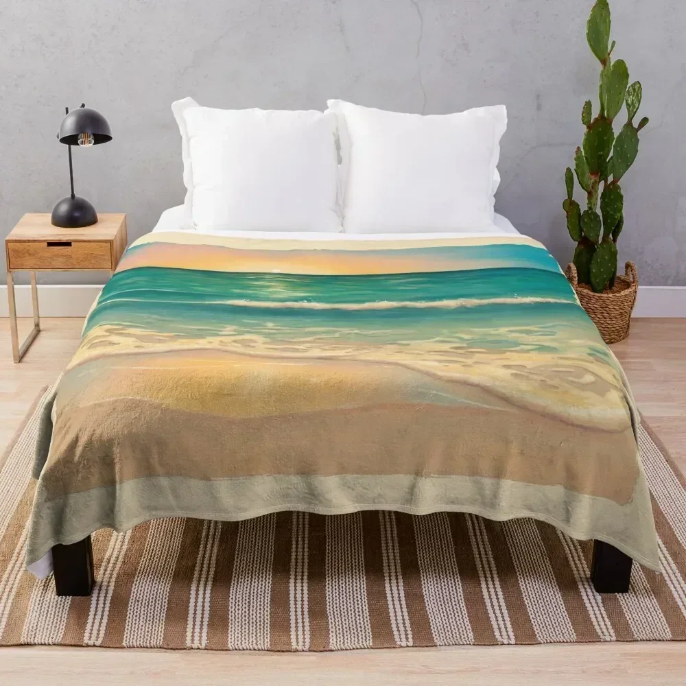 

Golden Seafoam on the Beach Painting Throw Blanket Warm Flannel Blanket for Couch Chair Bedroom