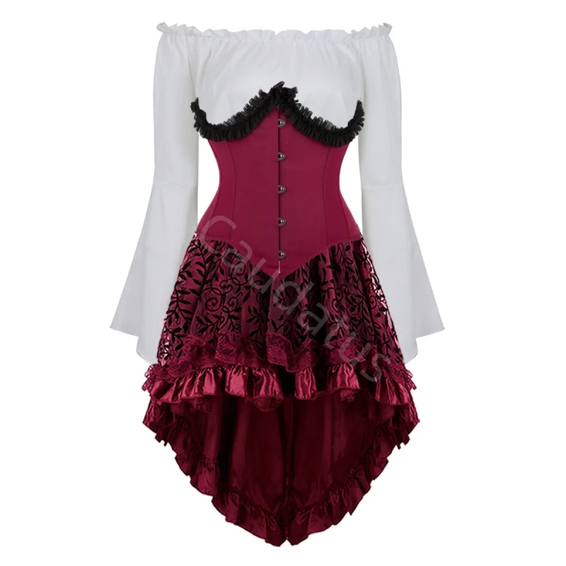 

Корсет под грудь для женщин, топ на шнуровке, цветочное кружевное белье, платье-юбка, комплект из 3 предметов, бурлеск, большие размеры, черный, косплей, Хэллоуин, красный