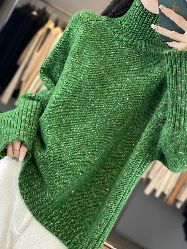 2024 Autumn Winter New Cashmere Sweater Women's 100% Pure Wool High Neck Knitted Pullover Loose Large Size Tops Fashion Korean