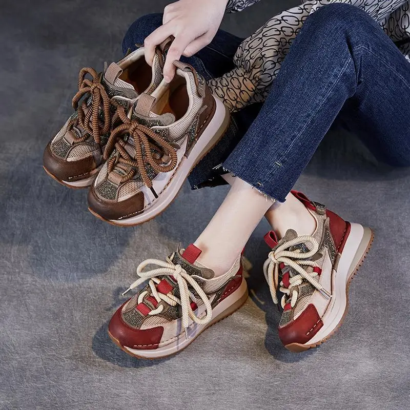 

Casual Thick Bottom Sports Shoes Red Glittering Diamond Leather Slip-On Women's Fashion Single Shoes Comfortable Leisure Shoes