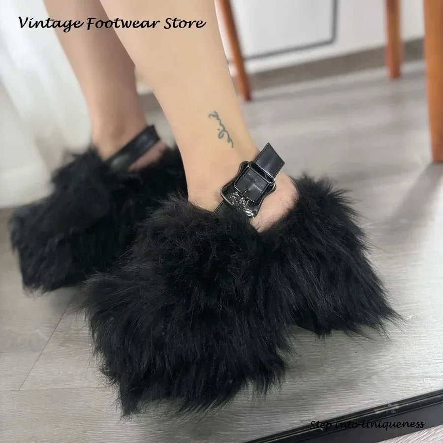 

Винтажные тапочки из искусственного меха с пряжкой и черепом, женская обувь на блочном каблуке с круглым носком, зимние теплые сандалии на платформе, увеличивающие рост