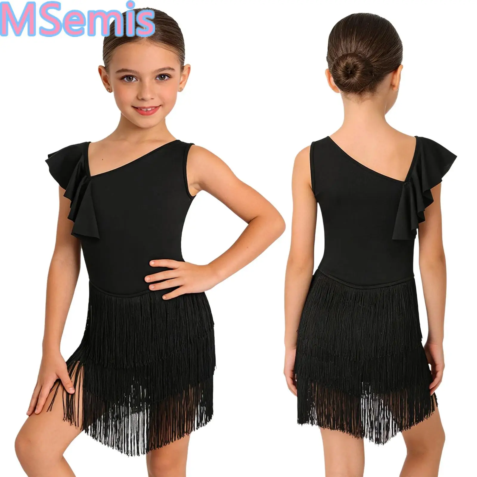 

Kids Girls Latin Tango Rumba Dance Performance Costume Asymmetrical Sleeves Leotards Tassel Fringed Dress with Built-in Briefs
