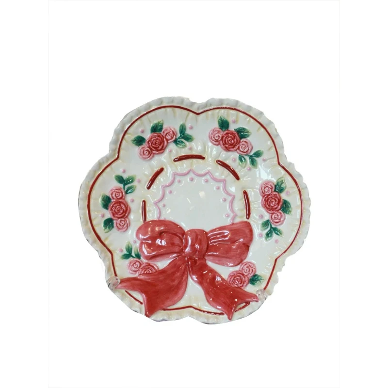 

Vintage | Original retro cute rose bow ceramic plate flat plate dim sum plate vegetable