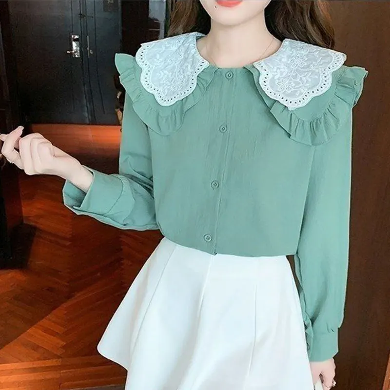 Women\'s Autumn Fashion Simplicity Elegant Doll Collar Long Sleeve Shirts Women Clothes All-match Temperament Casual Tops