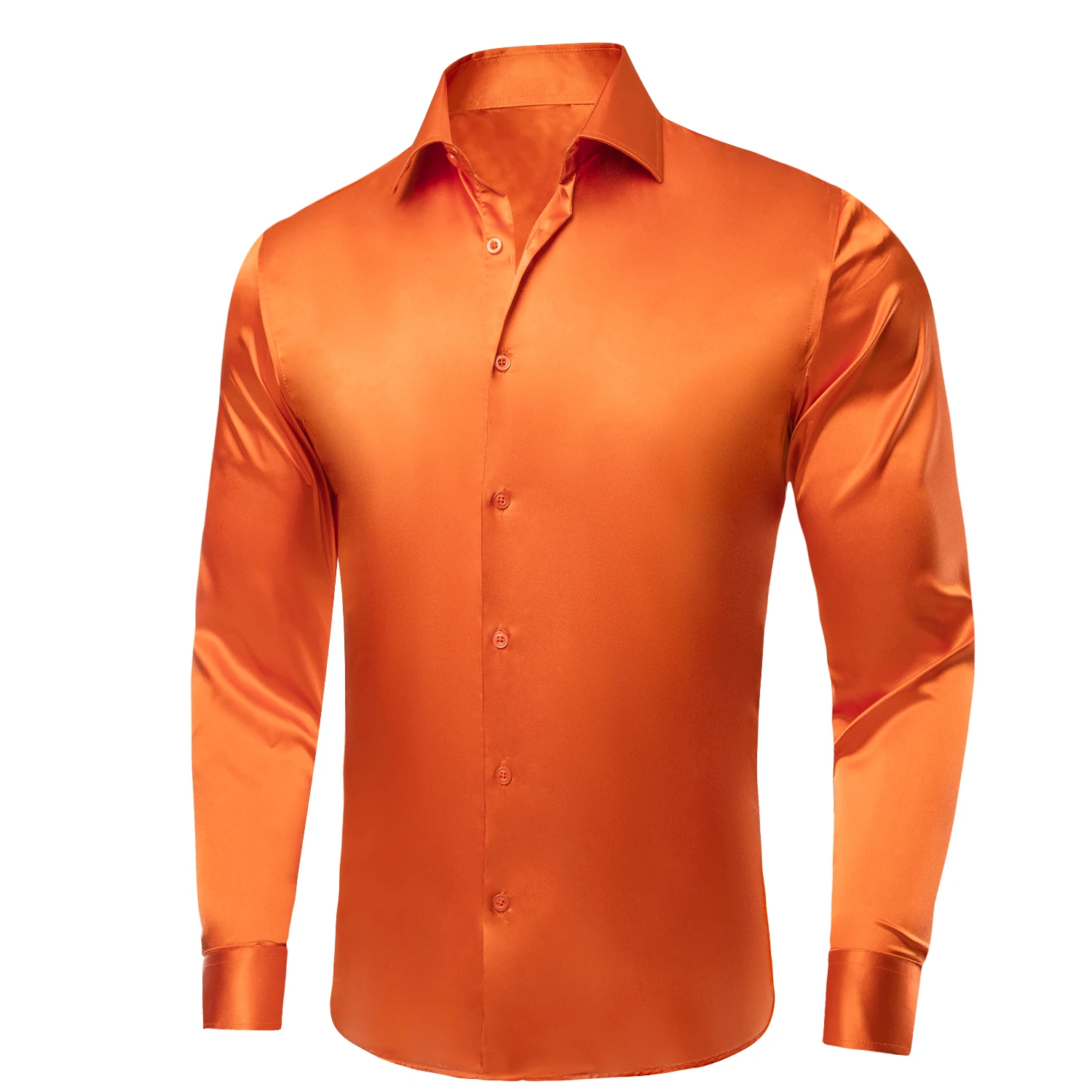 Hi-Tie Orange Plain Silk Mens Shirts Lapel Long Sleeve Dress Shirt Soft Blouse for Male Formal Casual Wedding Business Oversized