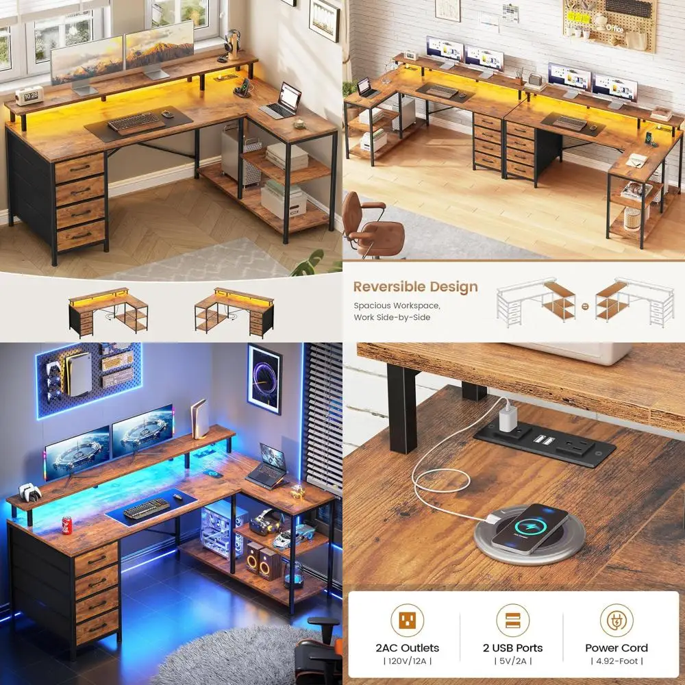 

Коричневый угловой стол в деревенском стиле с 4 ящиками, полками для хранения, светодиодной подсветкой и розетками для домашнего офиса и игр