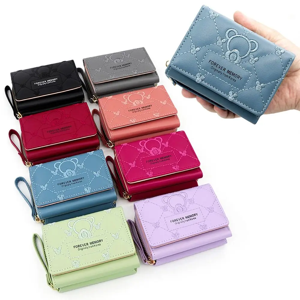 Triple Fold Women's Wallet Portable Embroidery Multi Card Short Wallets PU Leather Large Capacity Coin Purse Ladies