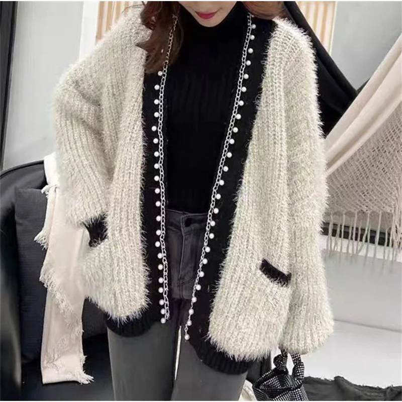 

New Loose Slimming Beaded Bright Silk High-Grade Lazy Style Knitted Design Sweater Cardigan Coat Women