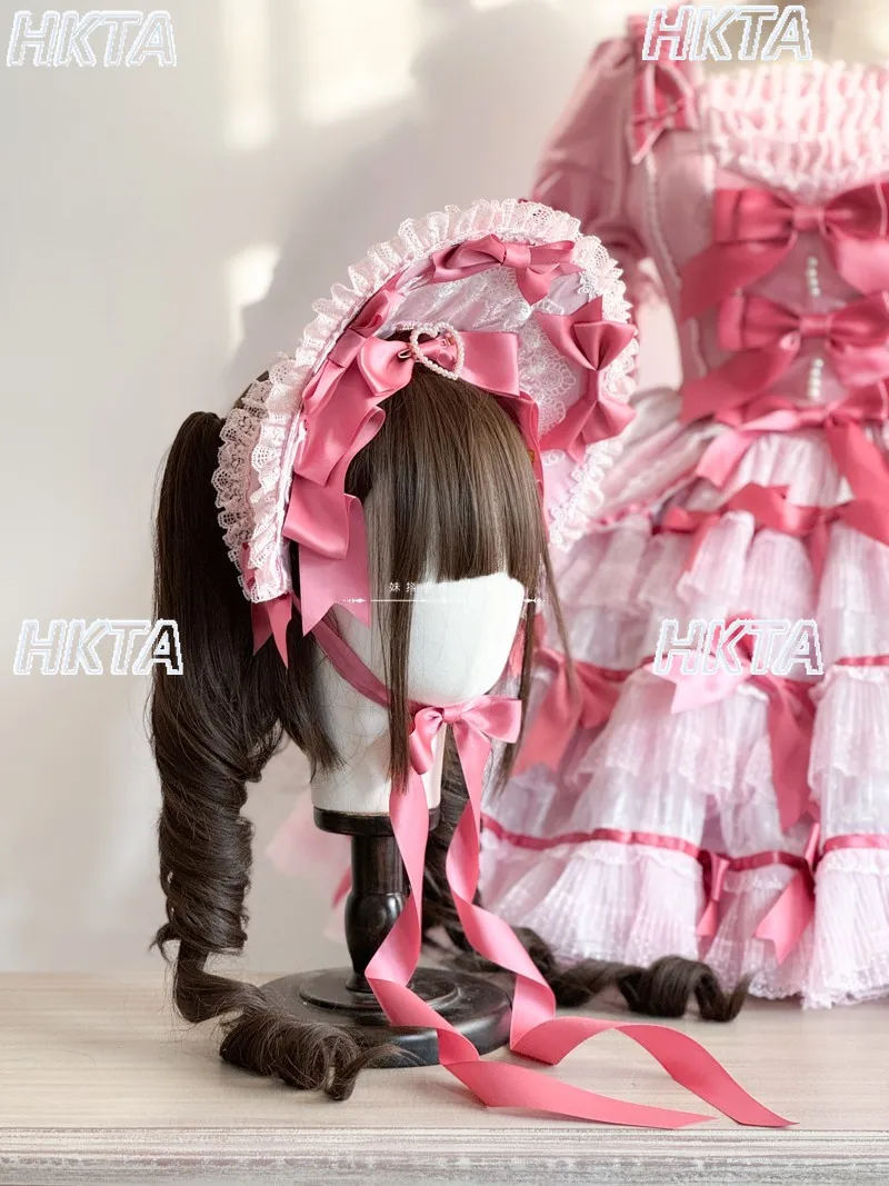 Zoete schattige Lolita handgemaakte productie kant boog parel roze hoofdbanden BNT hoed Kawaii cosplay accessoires haarspeldjes hoofddeksel vrouwen