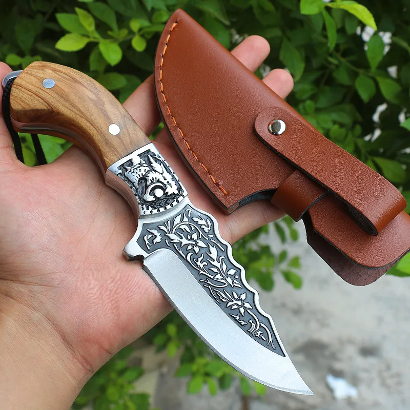 

Hot Sells D2 Steel Olive Wood Non-slip Handle Corrosion Pattern Fixed Blade Outdoor Self-defense Survive Camping Knife