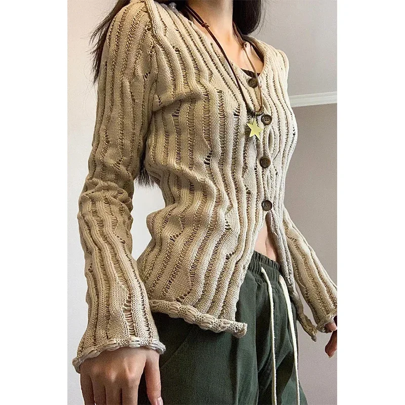 Y2K Hole Knitted Cardigan Women Streetwear Hollow Out Sweater Coat Harajuku Vintage V Neck Tunic Knitwear Korean Slim Jumper Top