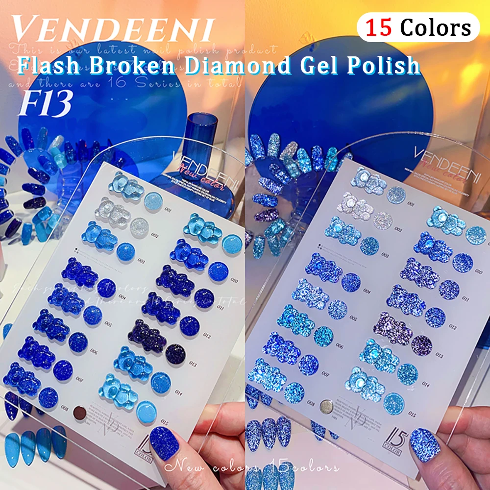 Vendeeni 15 Farben/Set Blauer Glitzer-Broken-Diamond-Gel-Nagellack Semi-Permanenter UV-LED-Soak-Off-Gel-Lack mit Display – Detail 1