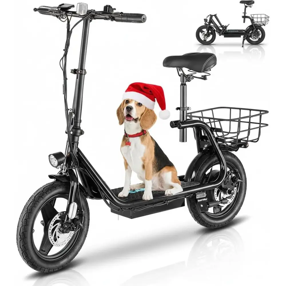 

Adult Electric Scooter with Seat, 1200W/800W Peak, 30-Mile Range, 20MPH, Foldable with Basket for Commute & Errands