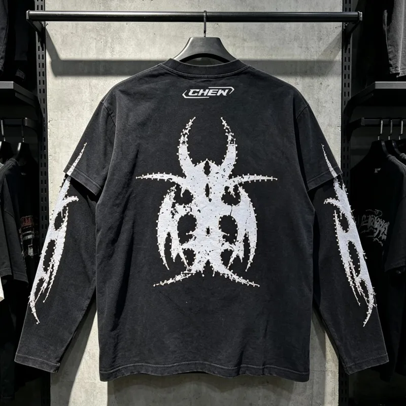 Thorn Beetle Crack Print Nail Bead Silhouette Chew Forever Long Sleeve Washed Black Waffle Patchwork Sleeves Tshirt Men Women