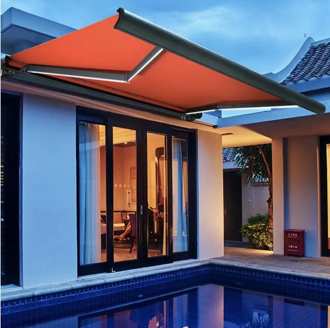Factory Wholesale Motorized Durable Outdoor Awning with LED Lighting Retractable Awning Retractable Roofpromote sales