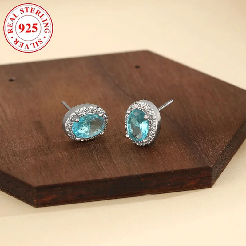 925 Sterling Silver Oval Egg-shaped Navy Blue Zirconia Women's Earrings Hypoallergenic Suitable for Gift Giving