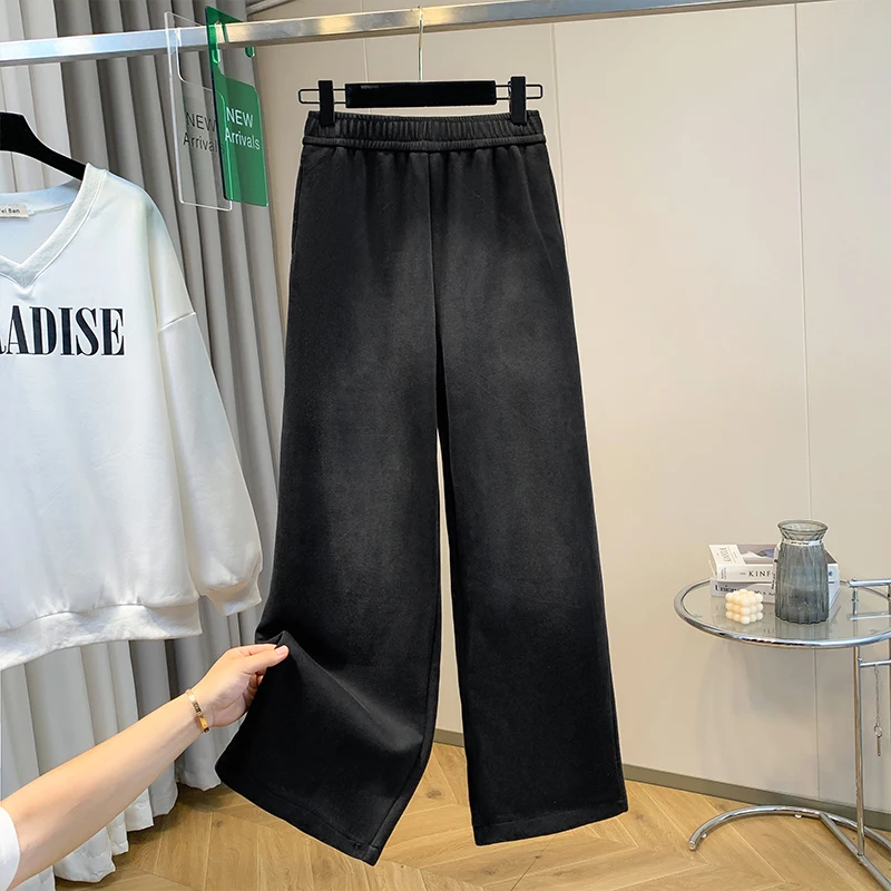 

plus Size Elastic Waist Wide Leg Pants Women's Spor Loose Fit Casual plus Size MM Purple High Waist Long Cotton Pants