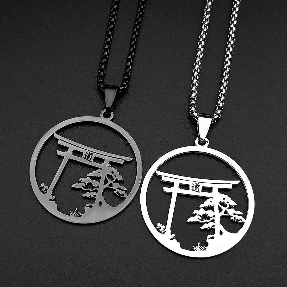 Bonsai-Kiefer-Torii-Tor-Wandkette für Damen und Herren, Edelstahl, silberfarben, japanischer Taoismus, Enso-Halskette, Schmuckzubehör – Detail 6