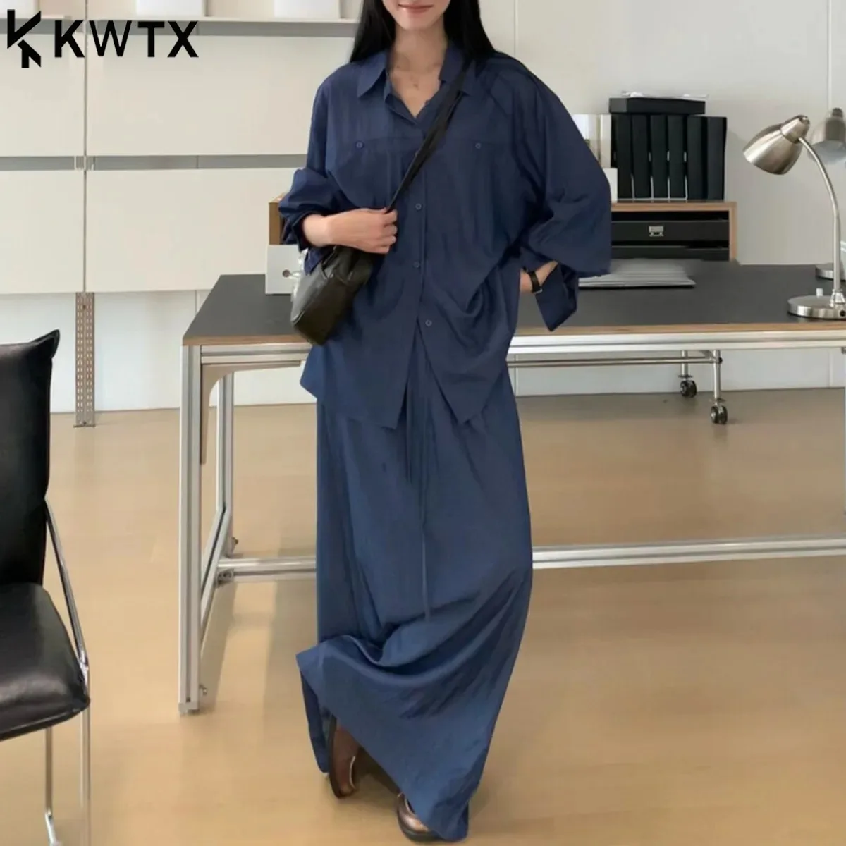 

KWTX 2025 Autumn Casual Elegant Two Piece Set Loose Long Sleeve Blouse & Drawstring Skirt Office Commute Outfit Women's Fashion