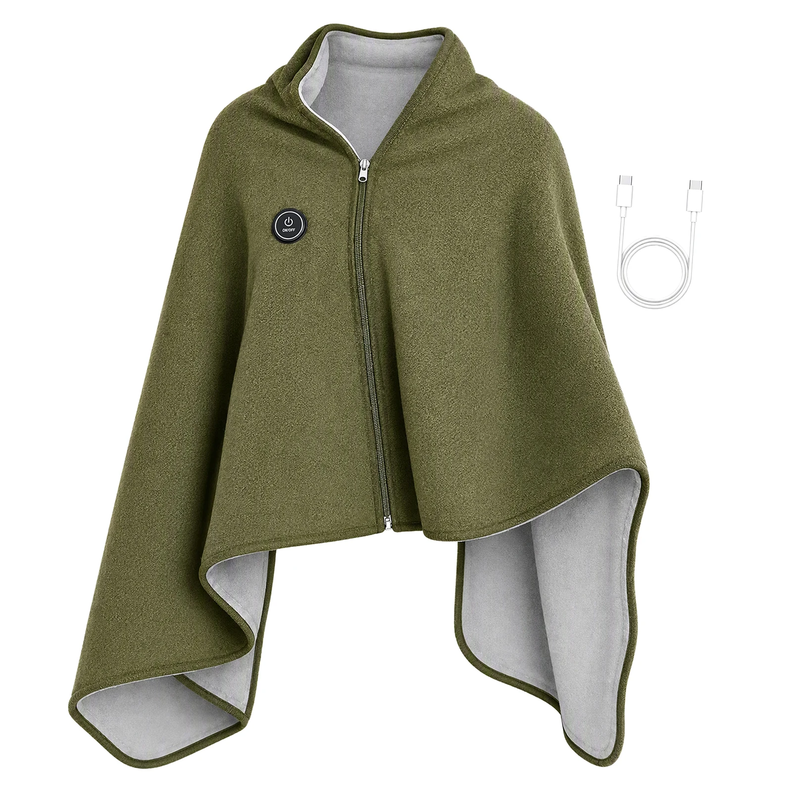USB Electric Heated Poncho Blanket Shawl Cape 3 Settings Zipper Knit Outer Plush Inner Washable Foldable
