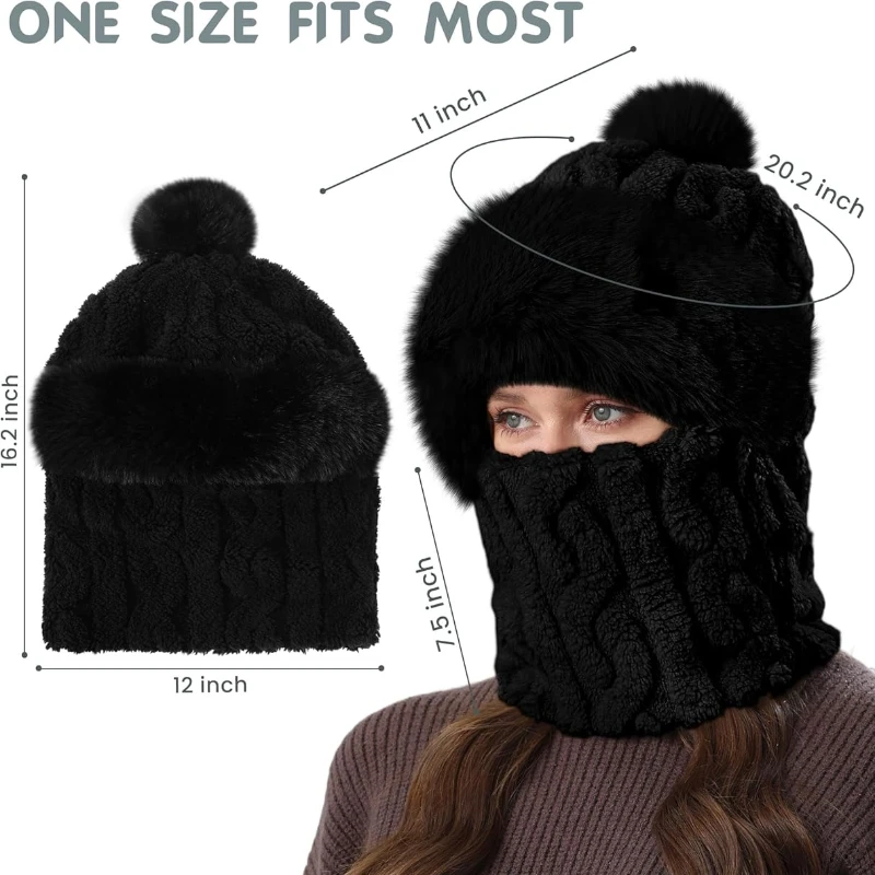Damskie zimowe czapki beanie, jednoczęściowe, ocieplane polarem, dzianinowe kominiarki, zestaw masek, szaliki na szyję w kształcie czaszki, czapki narciarskie, czapki śnieżne z pomponem