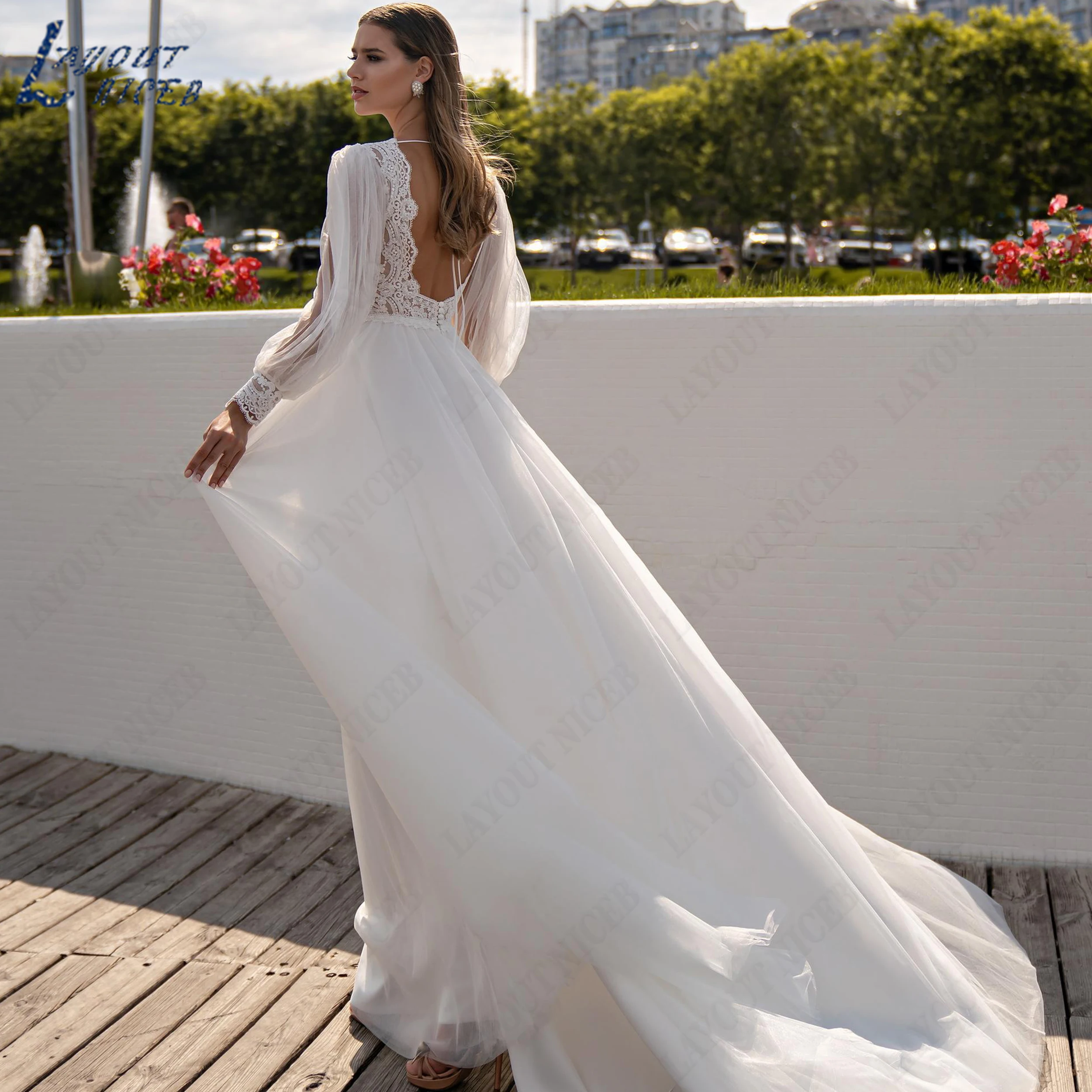 LAYOUT NICEB Customized Puff Sleeve V-Neck Tulle Bridal Dress Open Back A-line Lace Wedding Gown For Vintage Marriage Ceremony