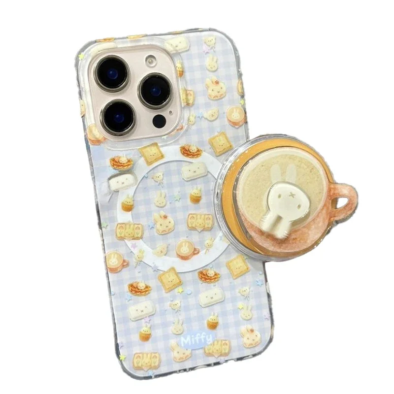 Kawaii Miffy الهاتف قذيفة مناسبة آيفون 17 16 15 14 الإبداعية القهوة المغناطيسي حامل متقلب مكافحة قطرة جراب هاتف Gifr هدية