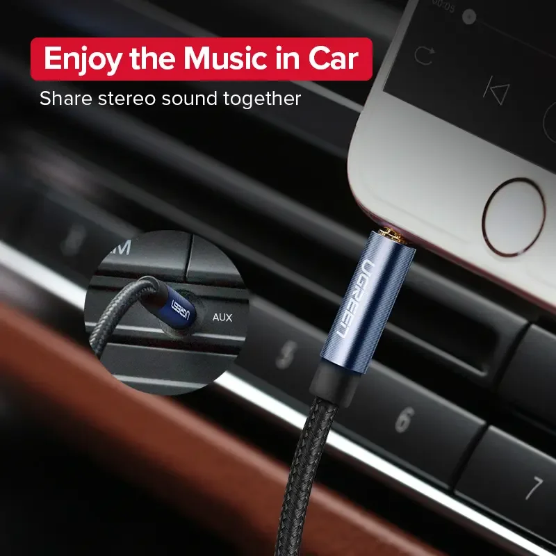 UGREEN 3.5 مللي متر ذكر إلى ذكر كابل الصوت النايلون مضفر كابل مساعد الصوت مساعد المدخلات محول لسماعات مكبر صوت للسيارة