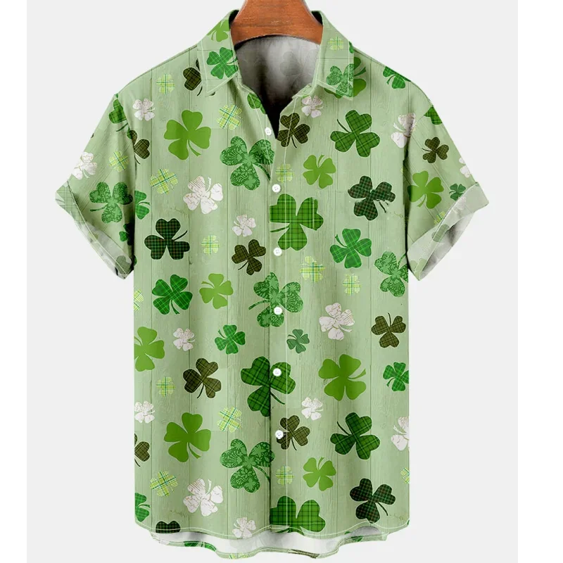 3D Printed Lucky Grass Shirts For Men Clothes Plant Clover Graphic Blouses Hawaiian Streetwear Male Blouse Casual Boy Button Top