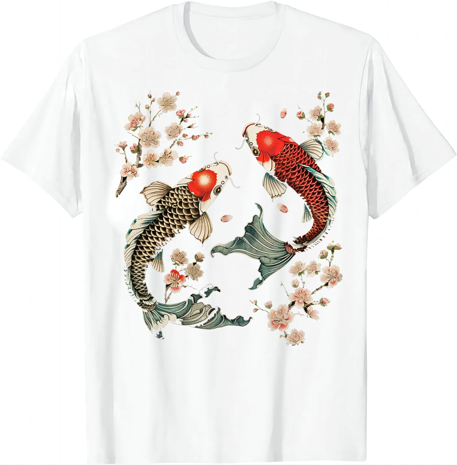 Lucky Koi Fish & Cherry Blossom Graphic Tee Graphic T-shirts Unisex Summer Soft Tops Women Clothing Tops Ropa De Mujer