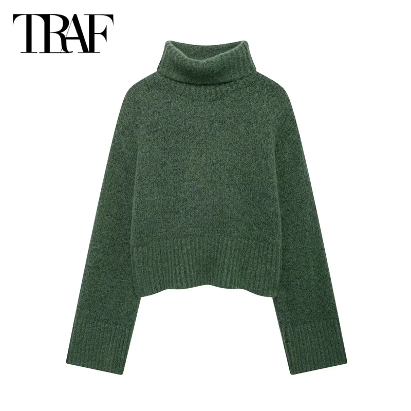 TRAF Cropped Sweater Pullovers 2024 Women\'s Autumn Long Sleeve Knitted Top Winter Turtleneck Green Black Short Knitwear Top