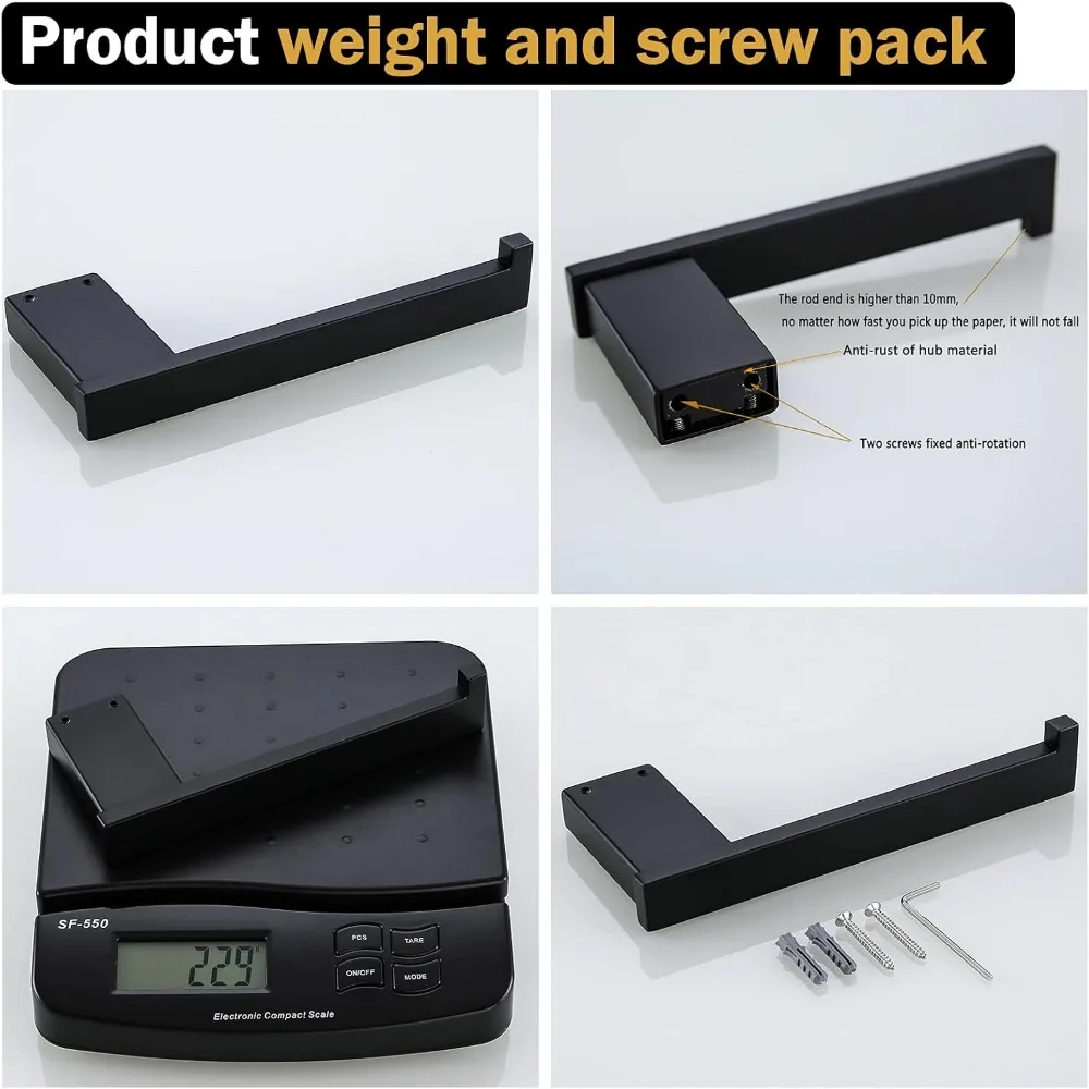 ชุดอุปกรณ์ห้องน้ำสีดำด้านทันสมัย: ราวแขวนผ้าเช็ดตัว 18 นิ้ว, ที่ใส่กระดาษชำระ, ตะขอแขวน 2 อัน เพื่อการตกแต่งที่มีสไตล์