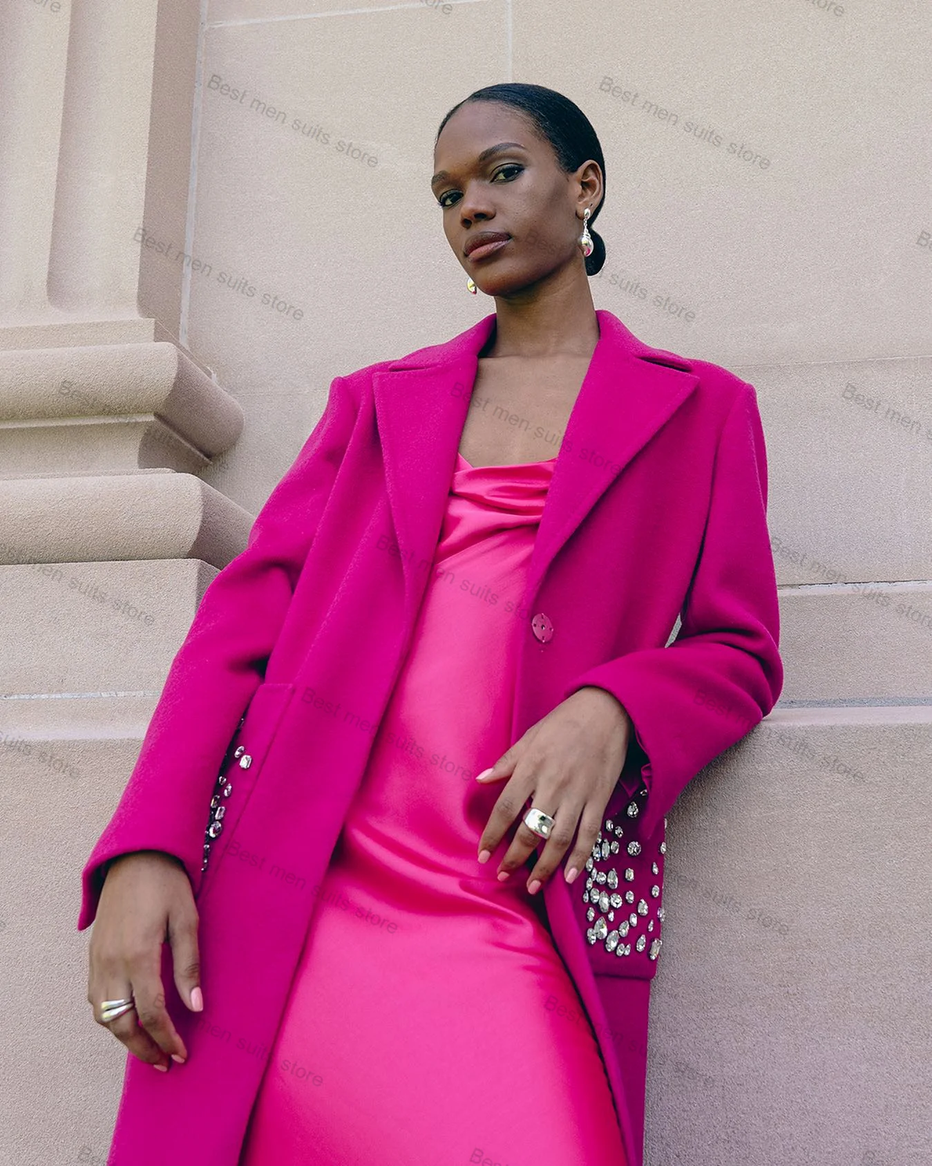 Chaqueta larga de lana con cristales para mujer, abrigo de 1 pieza para oficina, vestido de graduación, esmoquin de boda hecho a medida