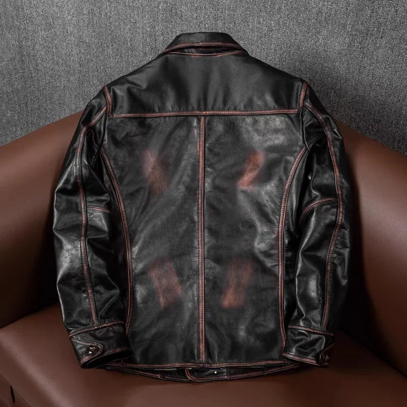 Retro Top Layer Tea Core Horse Leather Jacket Men's Long Leather Jacket Classic Men's Leather Moto Jacket Handmade Old Suit