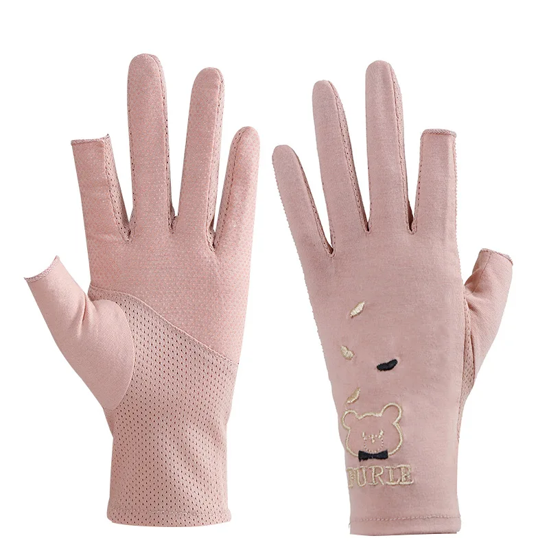 Guantes finos de verano para mujer, cómodos y transpirables, bordado de oso, protector solar, guantes de dos dedos para montar