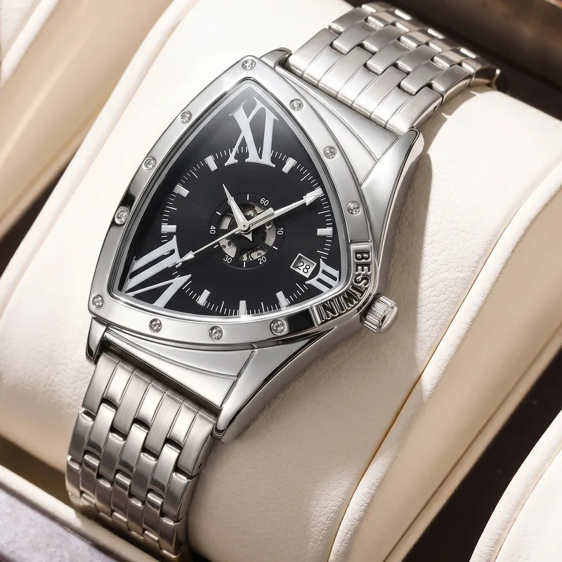 Fashion Men's Quartz Watch Triangular Design Waterproof Steel Band Personalized Business Wristwatch for Daily Wear Boy Gifts