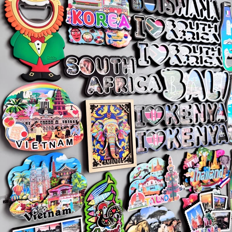Wood fridge magnets South Africa Kenya Thailand Korea Botswana Cambodia Vietnam Bali Finland Slovenia Portugal travel gifts