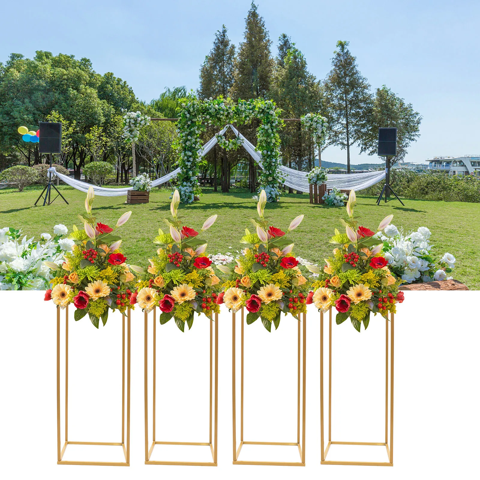 4Pcs Gold Flower Stand 23.6 in Tall Rectangular Vases Stand Metal Column for Wedding Party Table Centerpiece Home Decor