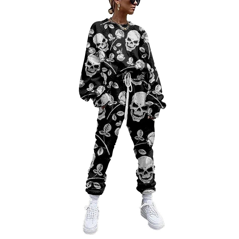 Women Tracksuit 2 Piece Outfit Sweatshirt+Straight Sweatpants Matching Set Skull Rose Pattern Fitness Sporty Streetwear 2