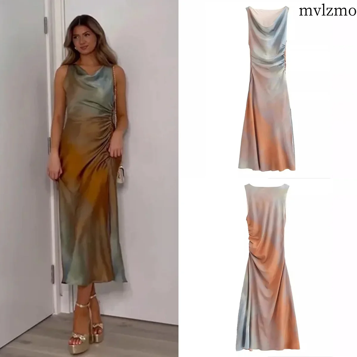 

Tie Dye Dresses For Women Fashion Pleated Midi Dress Woman Sleeveless Evening Dresses Female Summer Draped Dress