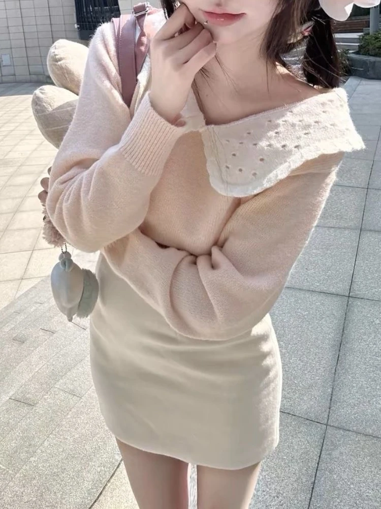 

Pink Sweet Knit 2 Piece Set Women Doll Collar Long-sleeved Sweater + Mini A-line Skirt New Japanese Fashion Elegant Slim Suits