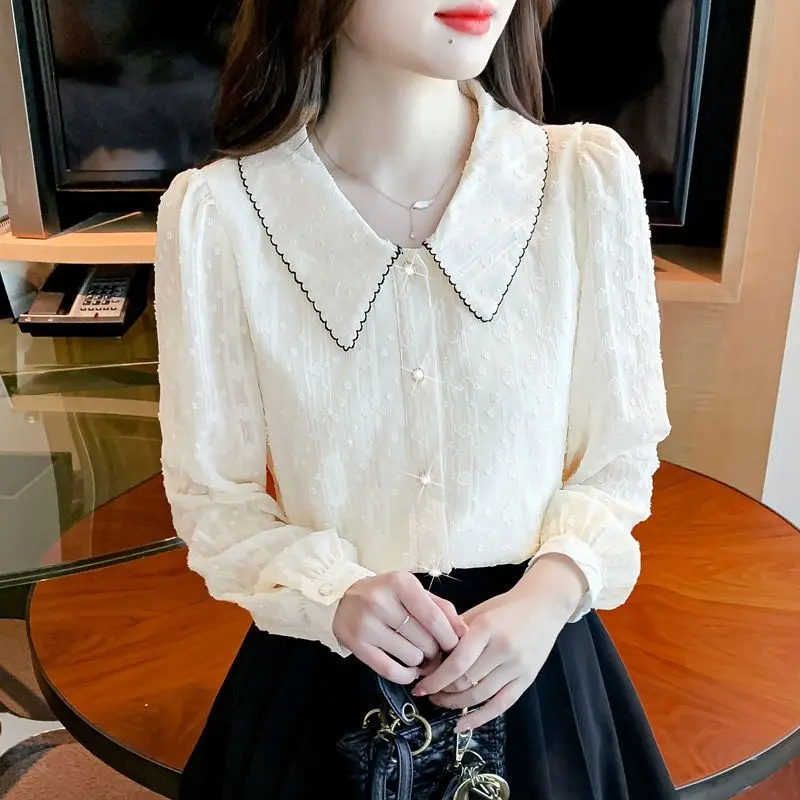 

Sweet Peter Pan Collar Button Lace Gauze Shirts Women Clothing 2023 Autumn Loose Office Lady Tops Sweet Blouses