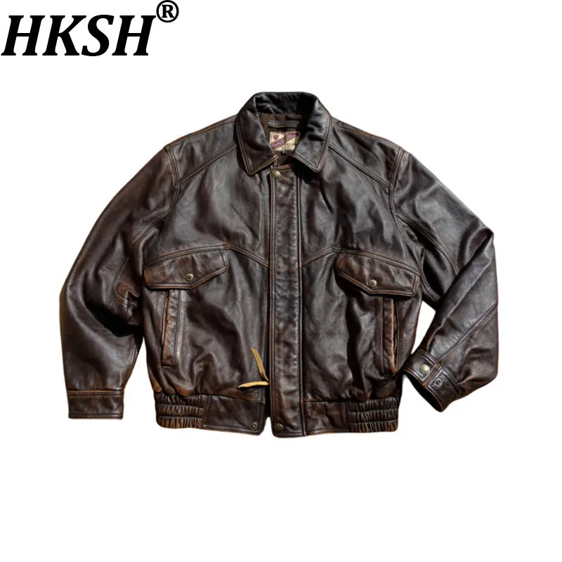 

HKSH весенне-осенняя новая мужская классическая темная куртка из воловьей кожи с верхним слоем, винтажная свободная кожаная куртка с отложным воротником HK11892