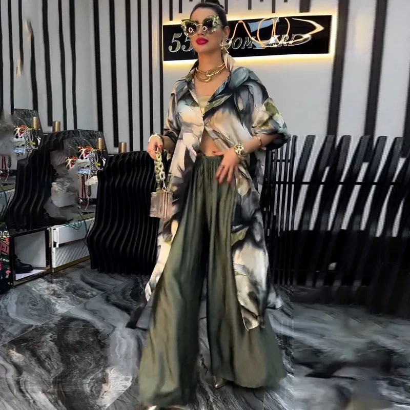 Conjuntos de pantalones para mujer, camisas estampadas, cárdigan largo de dos piezas con una hilera de botones, pantalones elegantes empalmados de cintura alta, pantalones de oficina para mujer