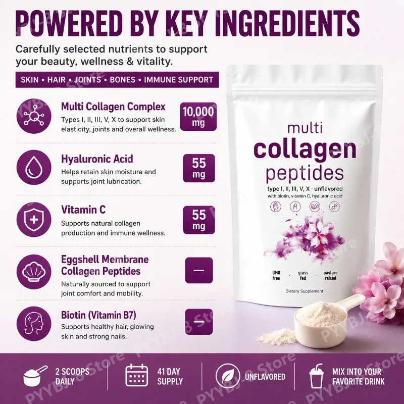 Multi Collagen Peptides Powder Type I II III V X with Vitamin C Hyaluronic Acid, Unflavored Daily Wellness Supplement Blend