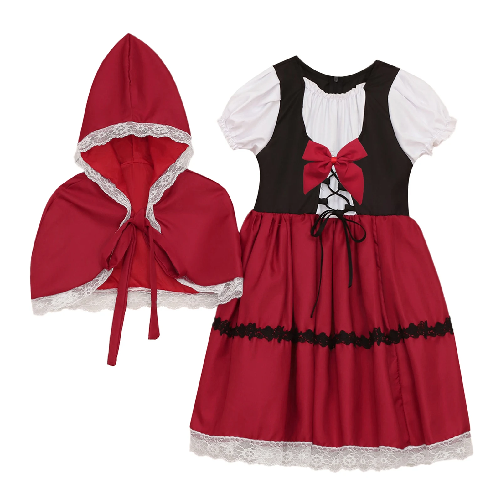 Kinder Mädchen Halloween Cartoon Charakter Cosplay Party Kostüm Puffärmel Spitzenbesatz Kleid mit Kapuzenumhang und Schleife Brosche Set