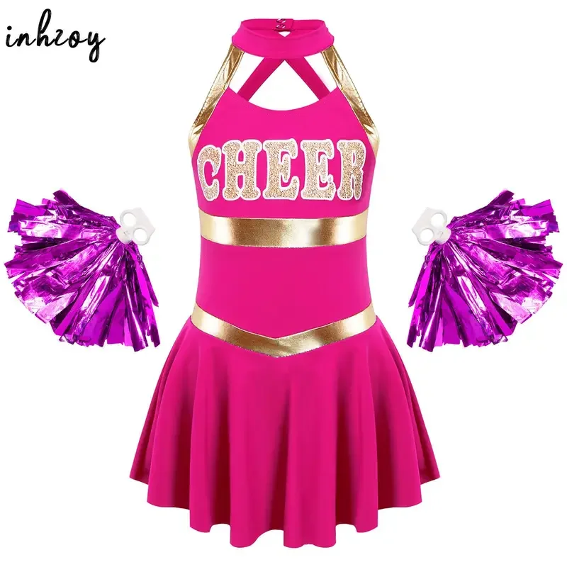 Kids Girls Cheer Costume Halloween Cheerleading Uniform Halter Letters Printed Dance Dress with Pompoms for Stage Performance