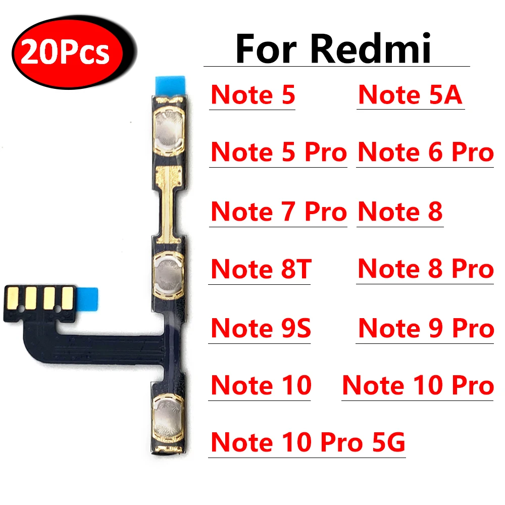 20Pcs/Lot，Power On Off Volume Side Button Key Flex Cable Replacement Parts For Xiaomi Redmi Note 10 Pro 5G 9 9S 8 7 6 Pro 5A