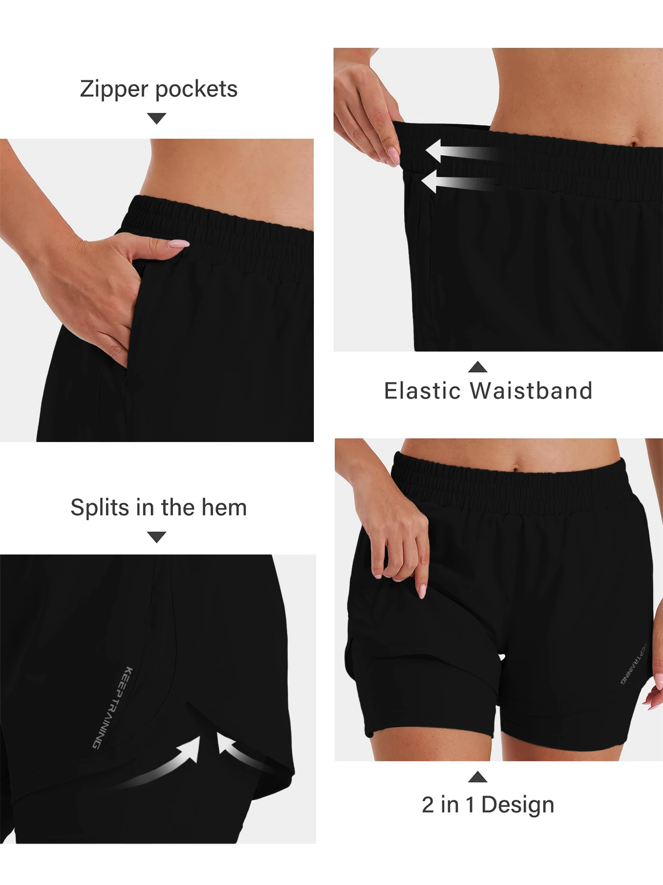 2-in-1 Freizeit-Sportshorts für Damen, Laufshorts, Sportshorts mit hoher Taille und gefütterten Reißverschlusstaschen – Detail 6