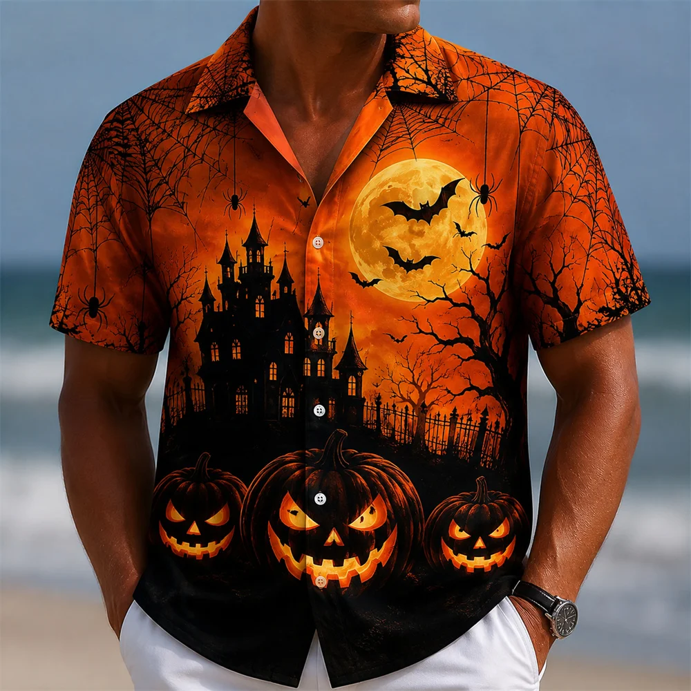 Happy Halloween Jack O Lantern Moon Shirt For Men 3D Print Bat Short Sleeve Shirt Horror Halloween Party Costume Top 2026 New